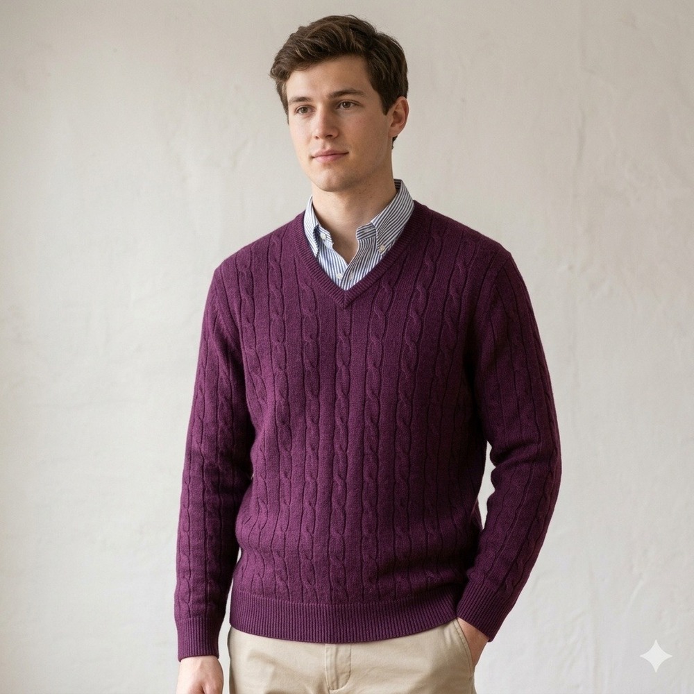 Brooks Brothers Sweater‎ Mens XL Plum Purple Extra Fine Merino Wool Cable Knit